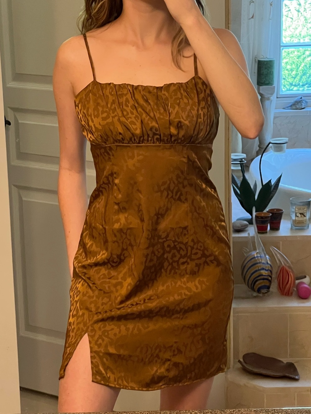 Forever 21 Brown Satin Jacquard Mini Slip Dress
